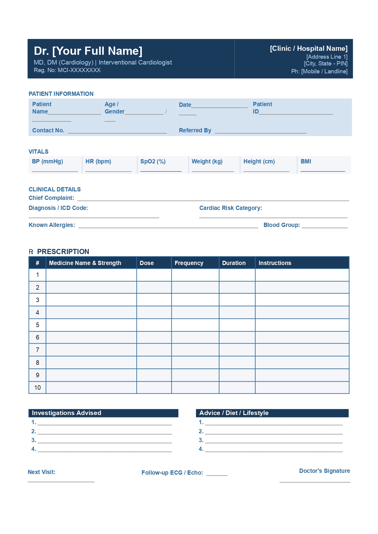 Cardiology prescription template
