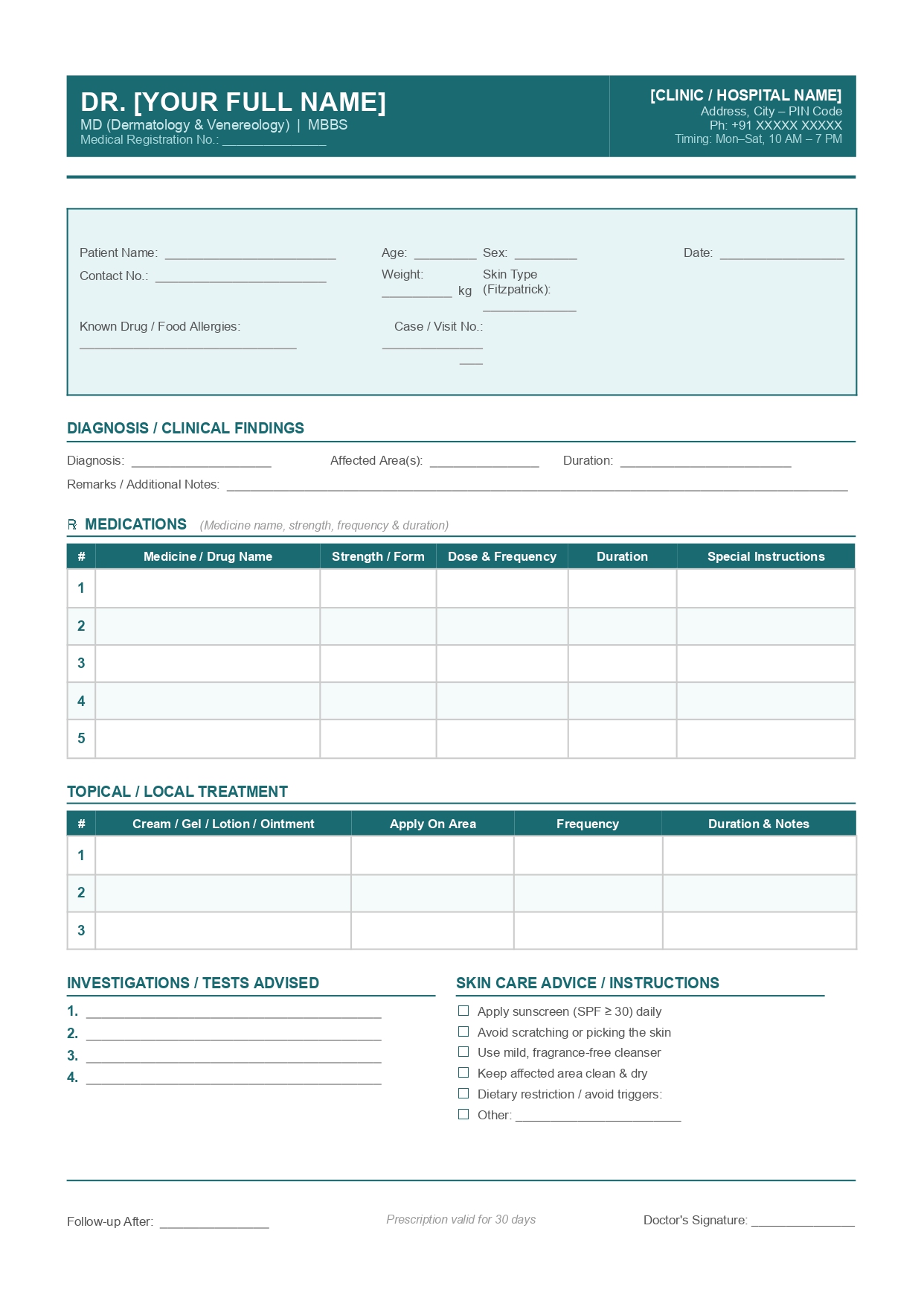 Dermatology prescription template