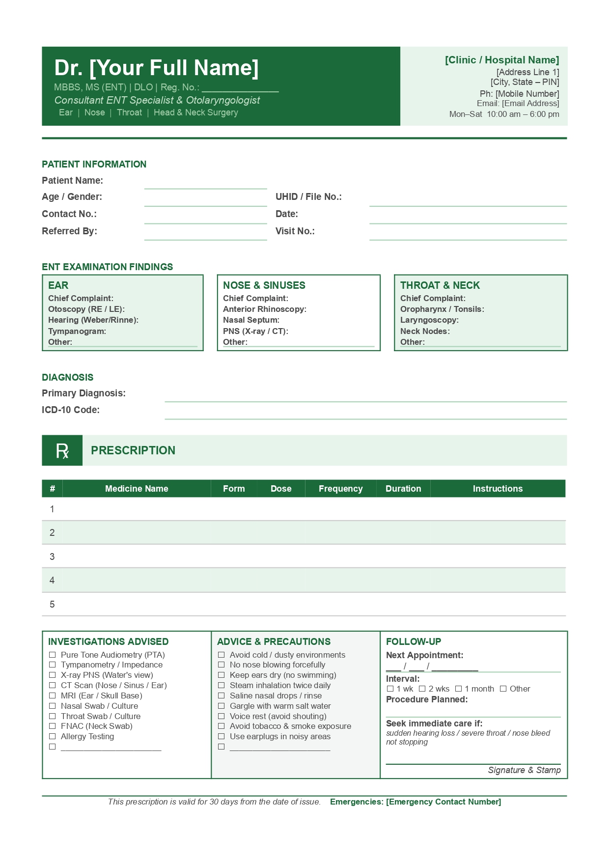 ENT prescription template