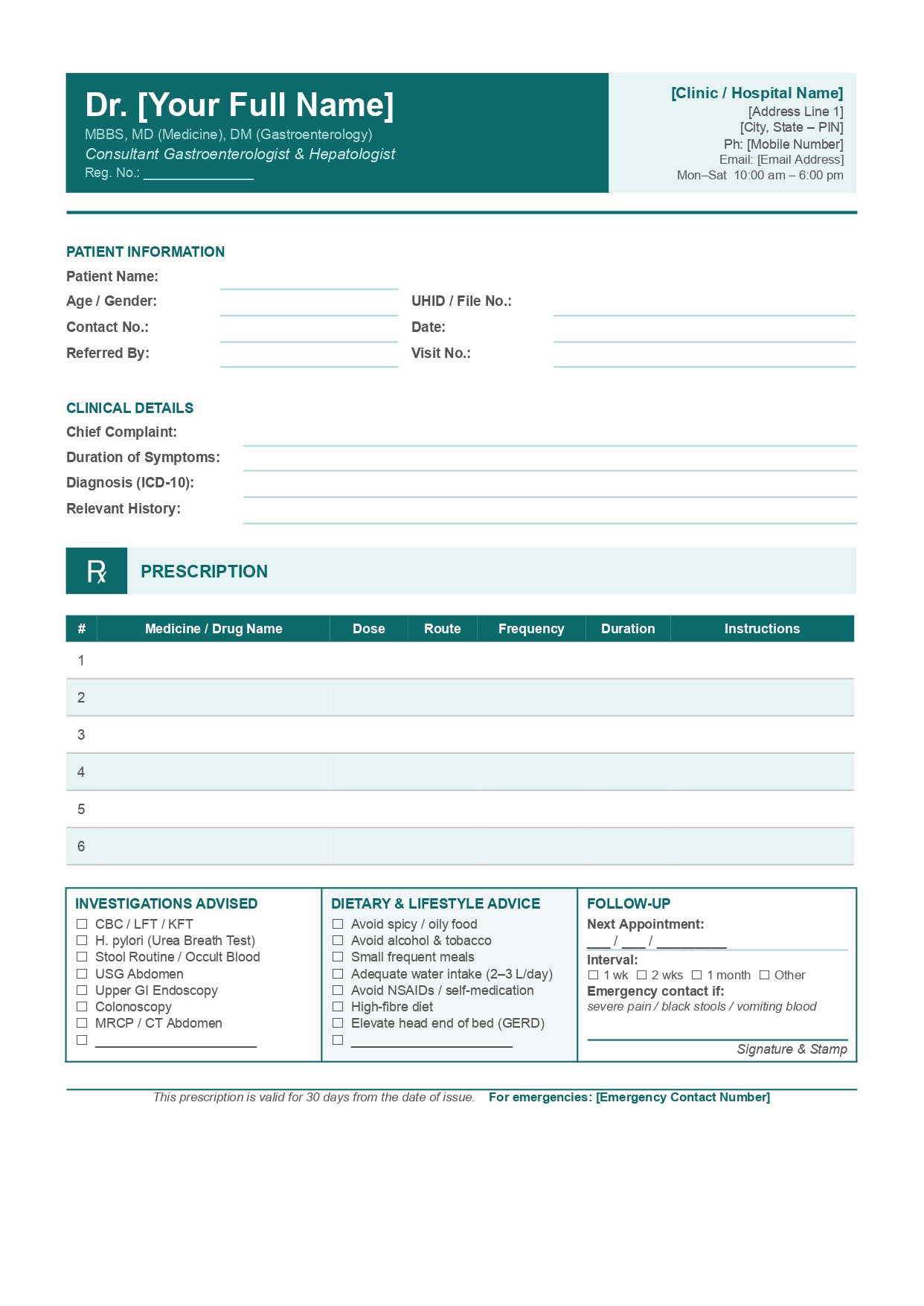 Gastroenterology prescription template