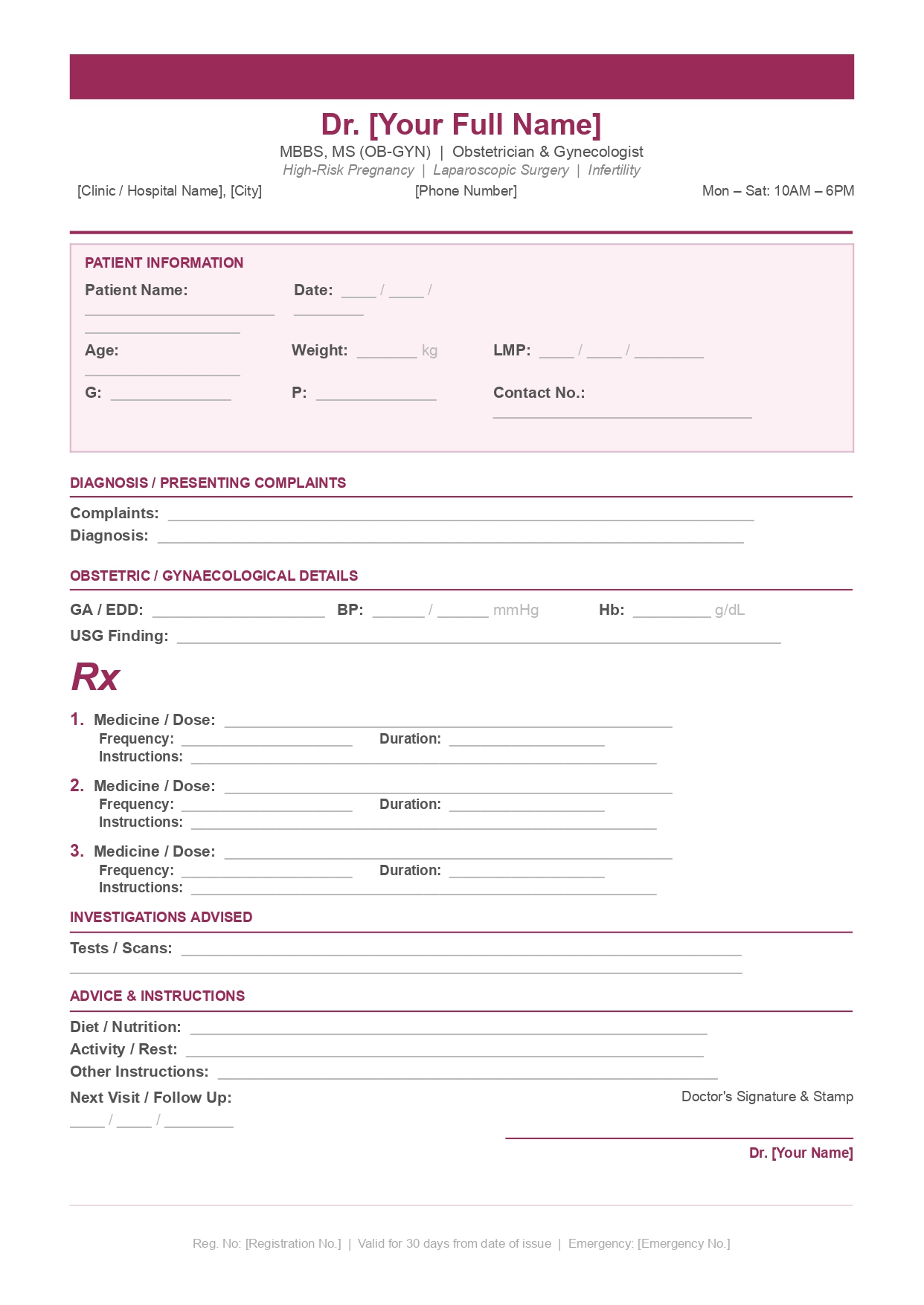 Obstetrician–gynecologist prescription template