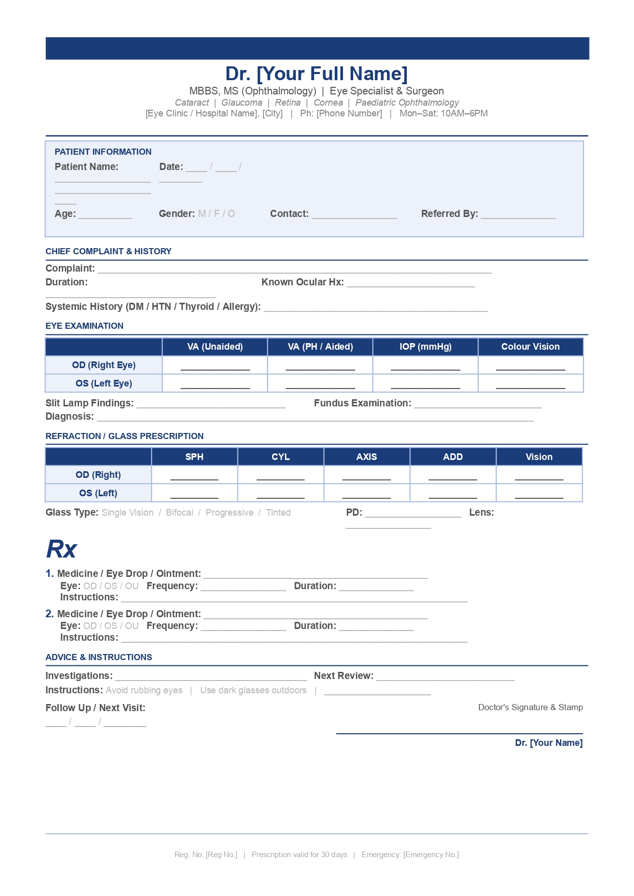 Ophthalmology prescription template (1 page)