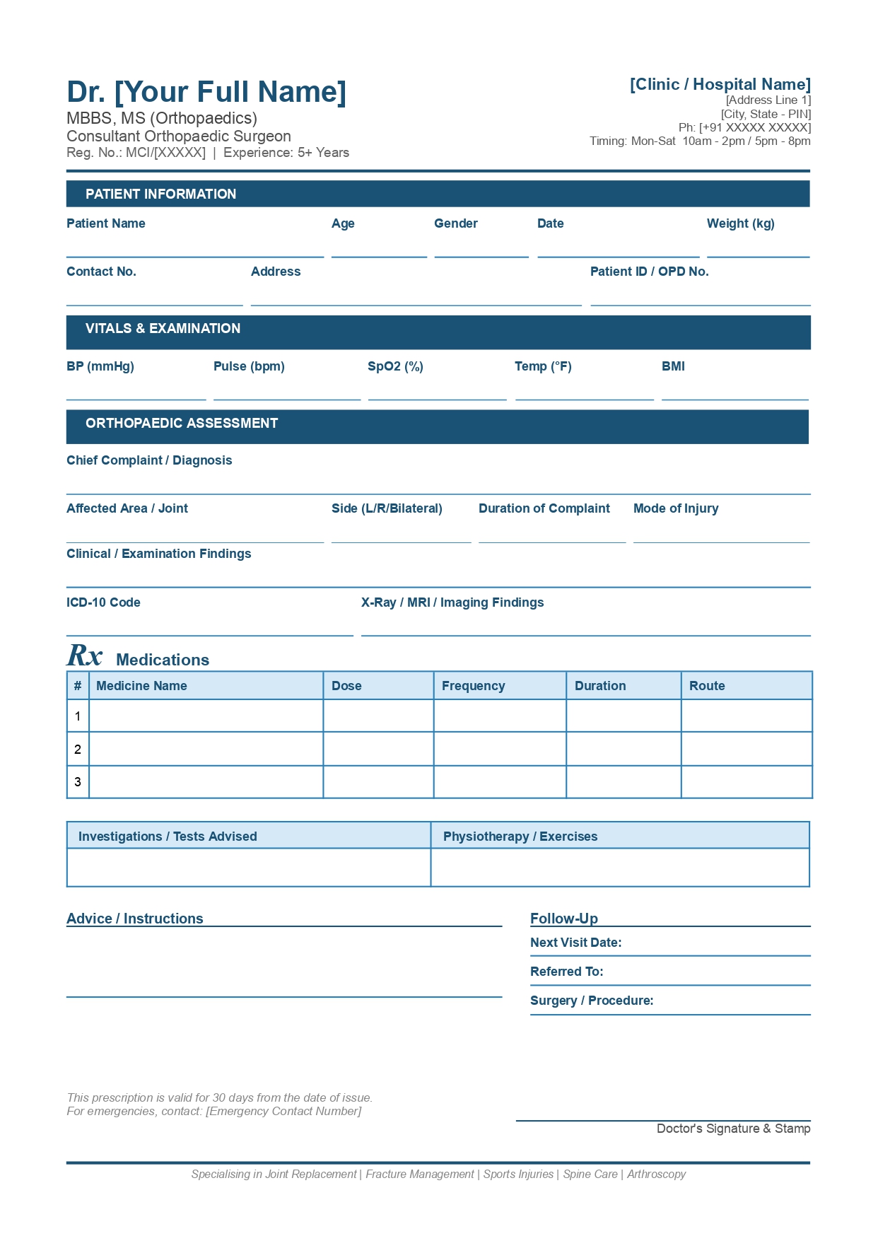 Orthopedic prescription template