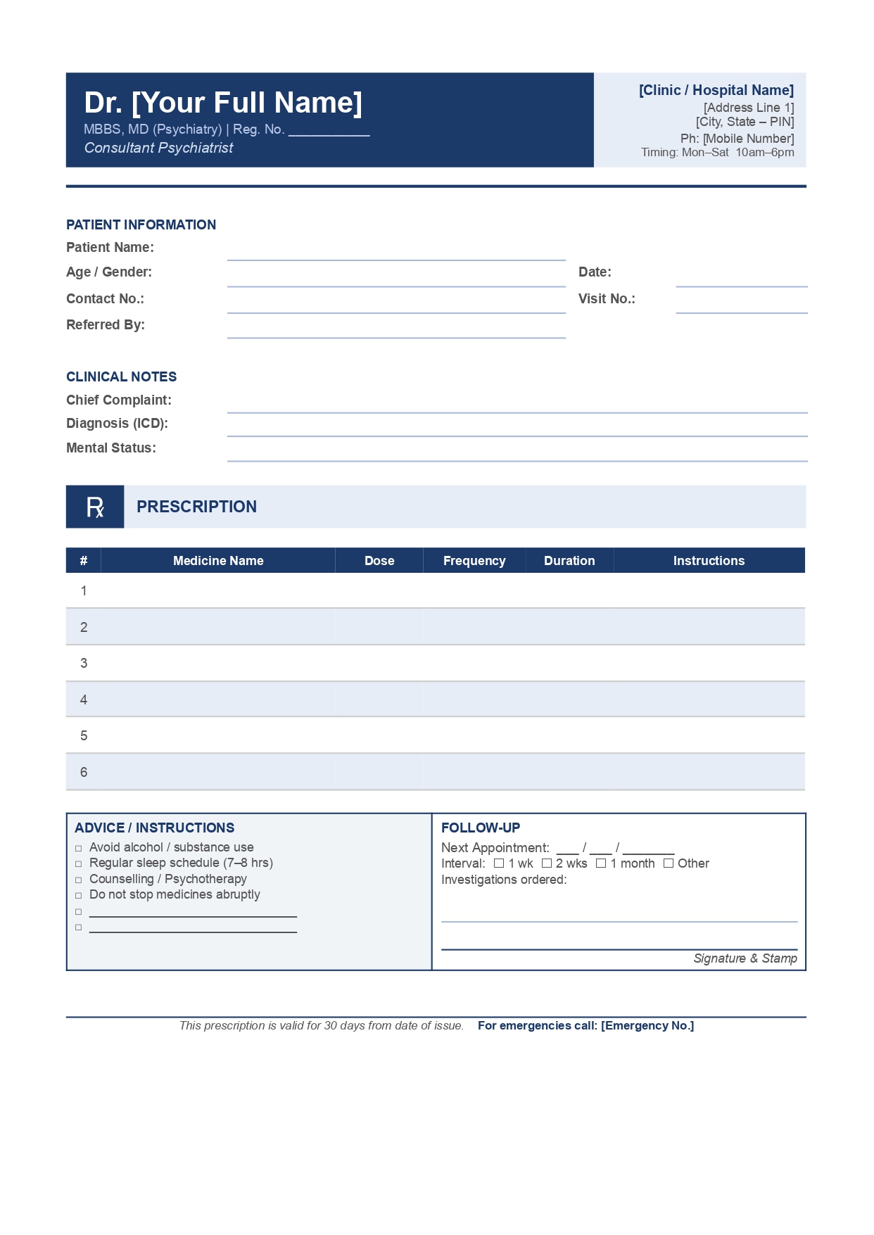 Psychiatry prescription template