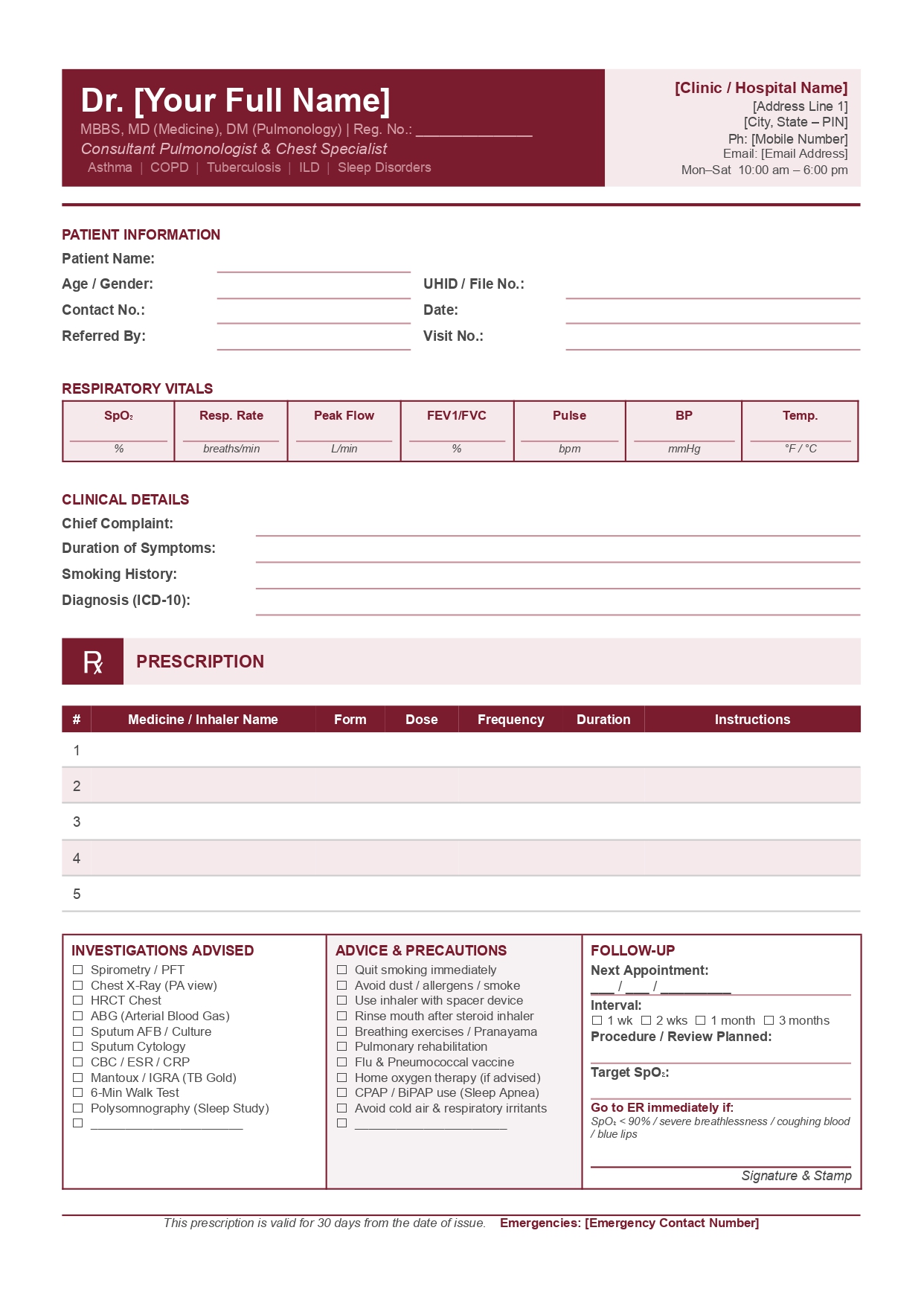 Pulmonology prescription template